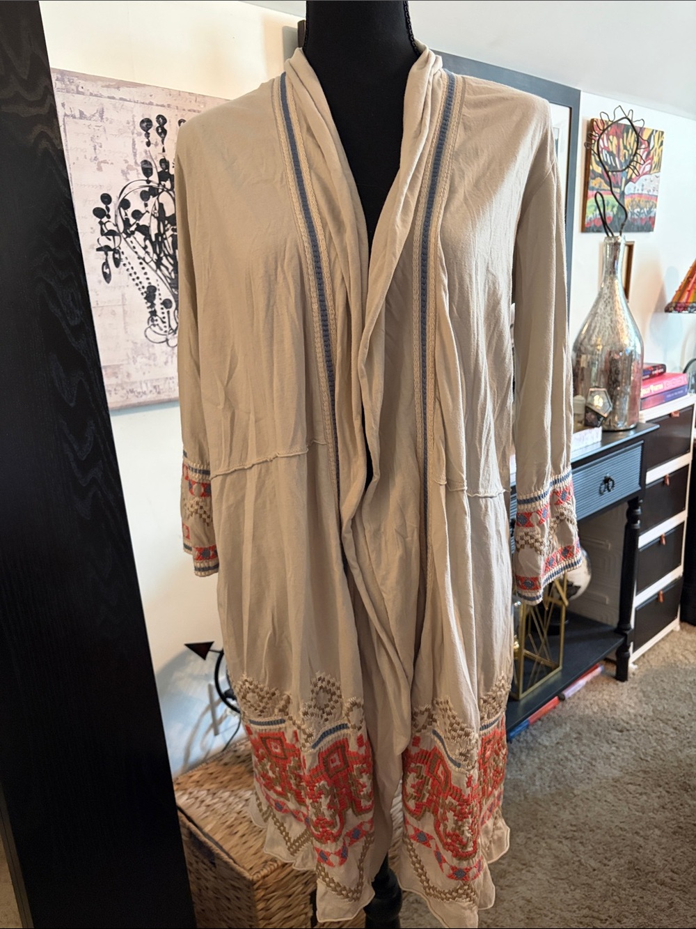Johnny Was Beige Embroidered Open Front Duster with Coral Accents